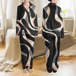 Women's Abstract Black Charcoal Fuzzy Organic Forms Pale Peach Sheer Illusion Pattern with Silver Speckles Satin Pajamas Set