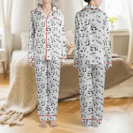 Panda Lovers' Whimsical Black & White Cartoon Panda Playful Pose Pattern with Paw Prints Satin Pajamas Set