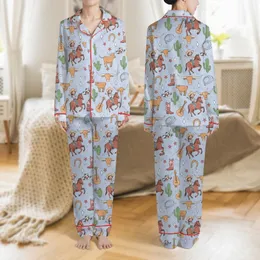 Women's Playful Periwinkle Blue Hand-Drawn Western Cartoon Print with Cowboys, Cowgirls, Longhorns, Multi-Color Boots Satin Pajamas Set