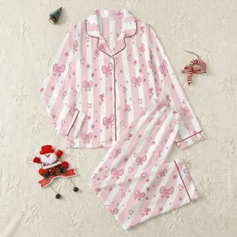 Women's Soft Pastel Pink White Striped Fuchsia Bow Heart Starburst Pattern Satin Pajamas Set