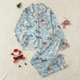 Women's Whimsical Dog Breeds Light Blue Playful Pugs Poodles Dachshunds Art Satin Pajamas Set