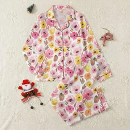 Women's Impressionistic Watercolor Floral Blush Rose Fuchsia Poppy Blossom All-Over Print Satin Pajamas Set