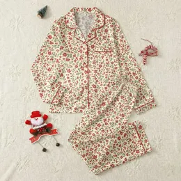 Women's Charming Hand-Drawn Ditsy Floral & Botanical Pattern with Muted Deep Red, Forest Green on Pale Cream Yellow Satin Pajamas Set