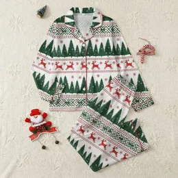 Women's Scandinavian Folk Art Red Green White Reindeer Evergreen Forest Geometric Band Pattern Satin Pajamas Set