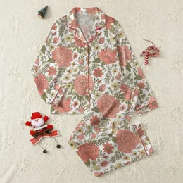 Women's Naturalistic Hand-Drawn Floral Muted Coral Pink Terracotta Olive Green Botanical Satin Pajamas Set