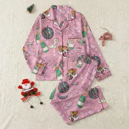 Festive Design Lovers' Bubblegum Pink Roaring Tiger Cowboy Disco Champagne Cocktail Pattern Satin Pajamas Set