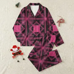 Women's Bold Black Hot Pink Tessellating Geometric Buffalo Plaid Stripe Pattern Satin Pajamas Set