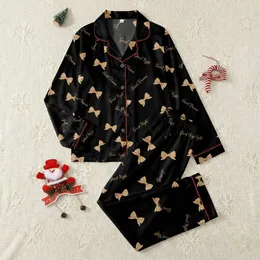 Women's Elegant Whimsical Black & Tan Bows 'Good Night Sweet Dreams' Pattern Satin Pajamas Set
