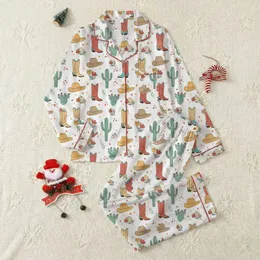Women's Whimsical Western Rust Boots, Tan Hats, Teal Cacti & Coral Flowers Pattern Satin Pajamas Set