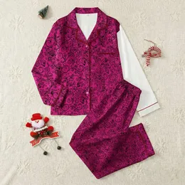 Women's Elegant Fuchsia Black Lace Filigree Floral Motif Swirling Tendrils Pattern Satin Pajamas Set