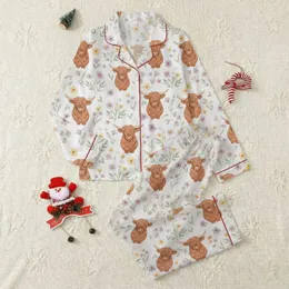 Women's Whimsical Watercolor Highland Cow Wildflower Dusty Lavender Sage Green Pattern Satin Pajamas Set