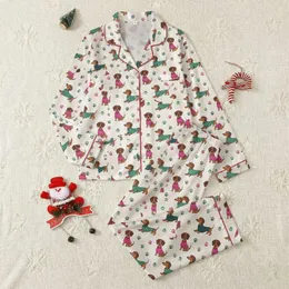 Women's Whimsical Dachshund Dog Paw Print Pattern with Fuchsia Emerald Teal Sweaters on Creamy White Satin Pajamas Set