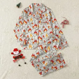 Women's Speckled Gray Fissure Design with Vibrant Orange Yellow Red Stylized Flames Satin Pajamas Set