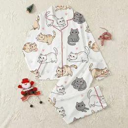 Cat Lovers' Whimsical Cartoon Cats with Beige Grey Brown White Patches, Pink Hearts, Paw Prints Satin Pajamas Set