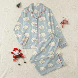 Women's Soft Blue-Grey Creamy Sleeping Cartoon Bear Whimsical Moon Star Pattern Satin Pajamas Set