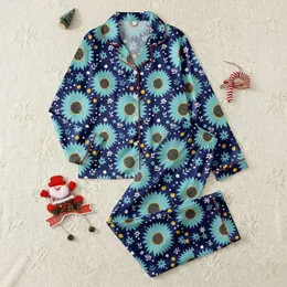 Women's Deep Navy Blue Teal Sunflower Folk Art Repeating Pattern with Golden Yellow Details Satin Pajamas Set