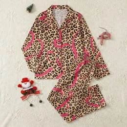 Women's Warm Sandy Beige Leopard Print with Fuchsia Abstract Brushstrokes Satin Pajamas Set