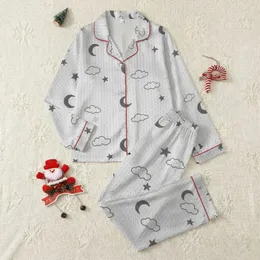 Women's Cream Sky Grey Dreamy Celestial Moon Star Cloud Cable Knit Illustration Satin Pajamas Set