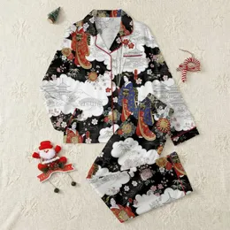 Women's Japanese Ukiyo-e Geisha, Cherry Blossom & Pagoda Art Print in Red, Gold, Blue, Black & White Satin Pajamas Set