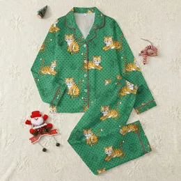 Animal Lovers' Whimsical Golden Yellow & White Tiger Emerald Green Polka Dot Jungle Pattern Satin Pajamas Set