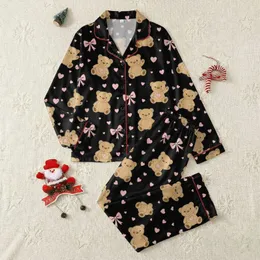 Women's Adorable Tan Cartoon Bear, Light Pink Heart & Bow Seamless Black Pattern Satin Pajamas Set