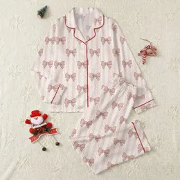 Women's Soft Dusty Pink Bows on Cream Cable Knit Pattern Satin Pajamas Set