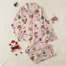 Women's Soft Pink Whimsical Christmas Santa Reindeer Gingerbread Elf Snowman Scattered Pattern Satin Pajamas Set