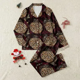 Women's Bold Golden Brown Leopard & Marbled Burgundy Abstract with Black Lace Design Satin Pajamas Set