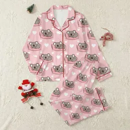 Women's Cute Sleeping Koalas & Scattered Hearts Pastel Pink Warm Grey Cartoon Illustrative Pattern Satin Pajamas Set