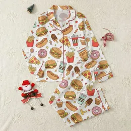 Women's Vibrant Cartoon Food Feast Pattern with Cheeseburger, Hot Dog, Pizza, Donut, and Soda Motifs on White Satin Pajamas Set