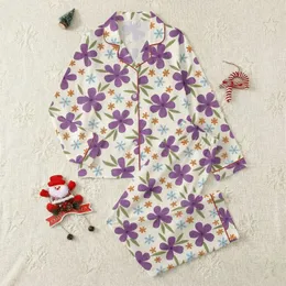 Women's Whimsical Hand-Drawn Vibrant Purple Burnt Orange Floral Art Pattern Satin Pajamas Set