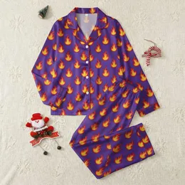 Women's Bold Illustrative Royal Purple Dynamic Flame Pattern Yellow Orange Red Satin Pajamas Set