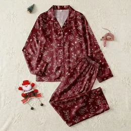 Women's Refined Burgundy Botanical Pattern with Delicate White Scattered Leaf & Blossom Art Satin Pajamas Set