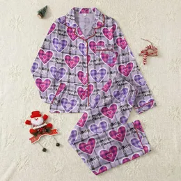 Women's Graphic Hot Pink Lavender Plaid Hearts Pattern with White 'LOVE' Script Satin Pajamas Set