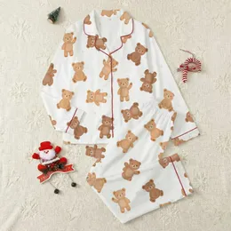 Women's Whimsical Teddy Bear Light Brown Peach Pink Star Sparkle All-Over Print Satin Pajamas Set