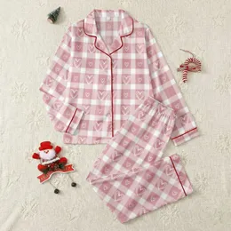 Women's Muted Rose Pink White Gingham Plaid Hand-Drawn Double Heart Pattern Satin Pajamas Set