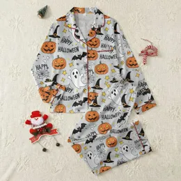 Women's Light Grey Whimsical Cartoon Halloween Jack-o'-lantern Bat Ghost Spiderweb Pattern with Orange & Black Accents Satin Pajamas Set