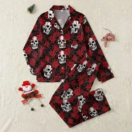 Women's High Contrast Gothic Bone-White Skull & Crimson Rose Tattoo Art Black Tapestry with Red Ink Drips Satin Pajamas Set