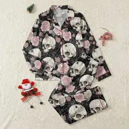 Women's Black Blush Pink Rose Skull Spiderweb Lace Intricate Gothic Floral Print Satin Pajamas Set