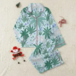Nature Lovers' Whimsical Illustrative Sky Blue Tropical Jungle Leopard & Emerald Foliage Pattern Satin Pajamas Set