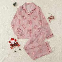 Women's Dusty Rose Pink Muted Rose Playful Cartoon Bear, Off-White Heart & Star Pattern Satin Pajamas Set
