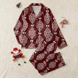 Women's Deep Maroon Pure White Floral Scroll Lace & Delicate Satin Bows Pattern Satin Pajamas Set