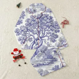 Women's Deep Indigo White Toile de Jouy Romantic Pastoral Landscape Classical Figures Satin Pajamas Set
