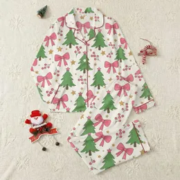 Women's Illustrative Creamy Off-White Hot Pink Bow Green Christmas Tree Golden Star Pattern Satin Pajamas Set