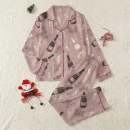 Women's Muted Rosy Pink Champagne Bottle & Flute Elegant Hand-Drawn Floral Pattern Satin Pajamas Set