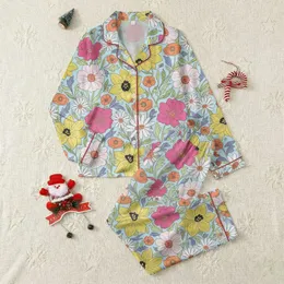 Women's Vibrant Retro Maximalist Floral Art with Daffodil Yellow, Fuchsia Pink, Sky Blue, & Lime Green Satin Pajamas Set