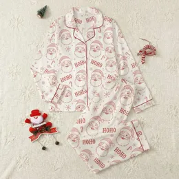 Festive Holiday Family Hand-Drawn Red Line Art Jolly Santa HOHO Snowflakes Pattern on Off-White Satin Pajamas Set