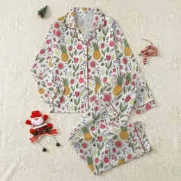 Women's Whimsical Garden Fruit & Floral Pattern with Bees, Dragonflies in Red, Gold, Green Satin Pajamas Set