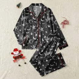 Women's Whimsical Hand-Drawn White Sleep Script Eyelash Moon Star Pattern Dark Grey Satin Pajamas Set
