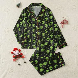 Playful Trendsetters' Charcoal Black Neon Lime Green Cartoon Alien UFO Star Pattern Satin Pajamas Set
